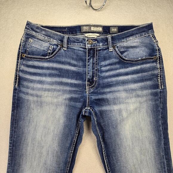 BKE Buckle Nolan Jeans 38x32 Straight Fit Blue Feather Whisker y2k 2000s (36x30) - Picture 2 of 14